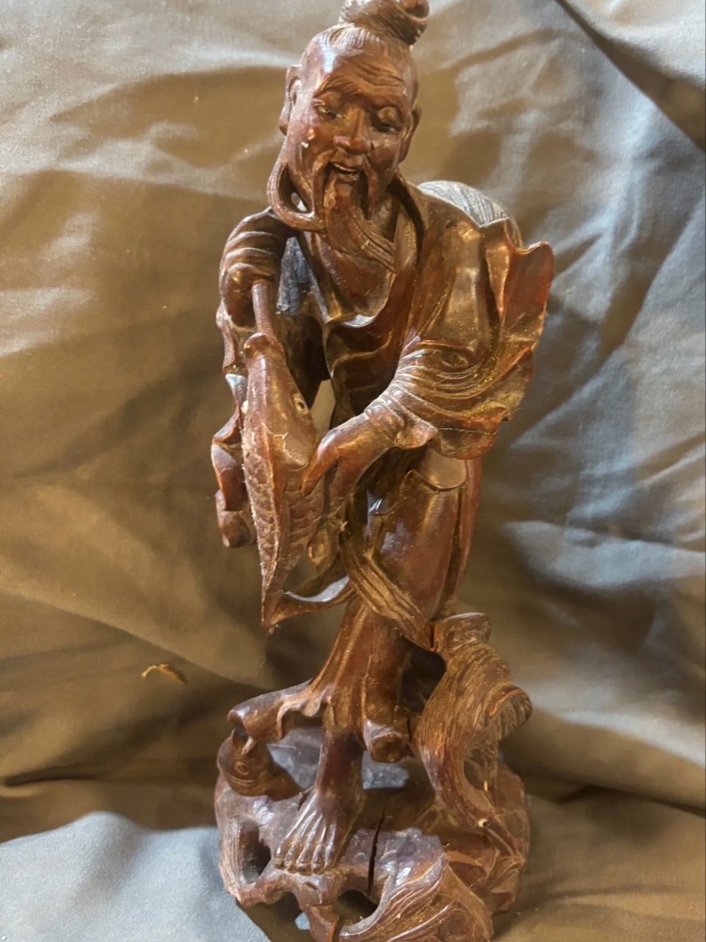 Vintage Hand-Carved mahogany Wooden fisherman Statue - made in Japan
